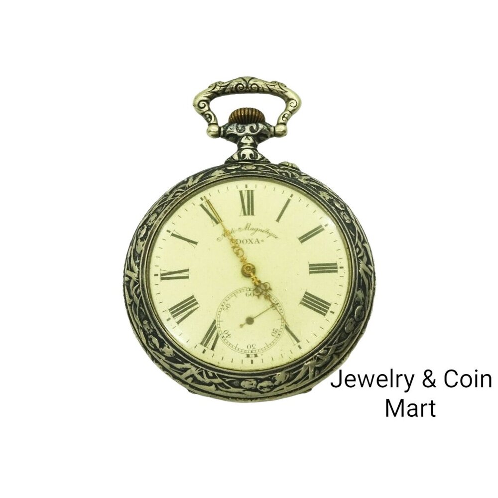 Large Antique 1906 Doxa Watch Hunting Party Silver Repousse Design